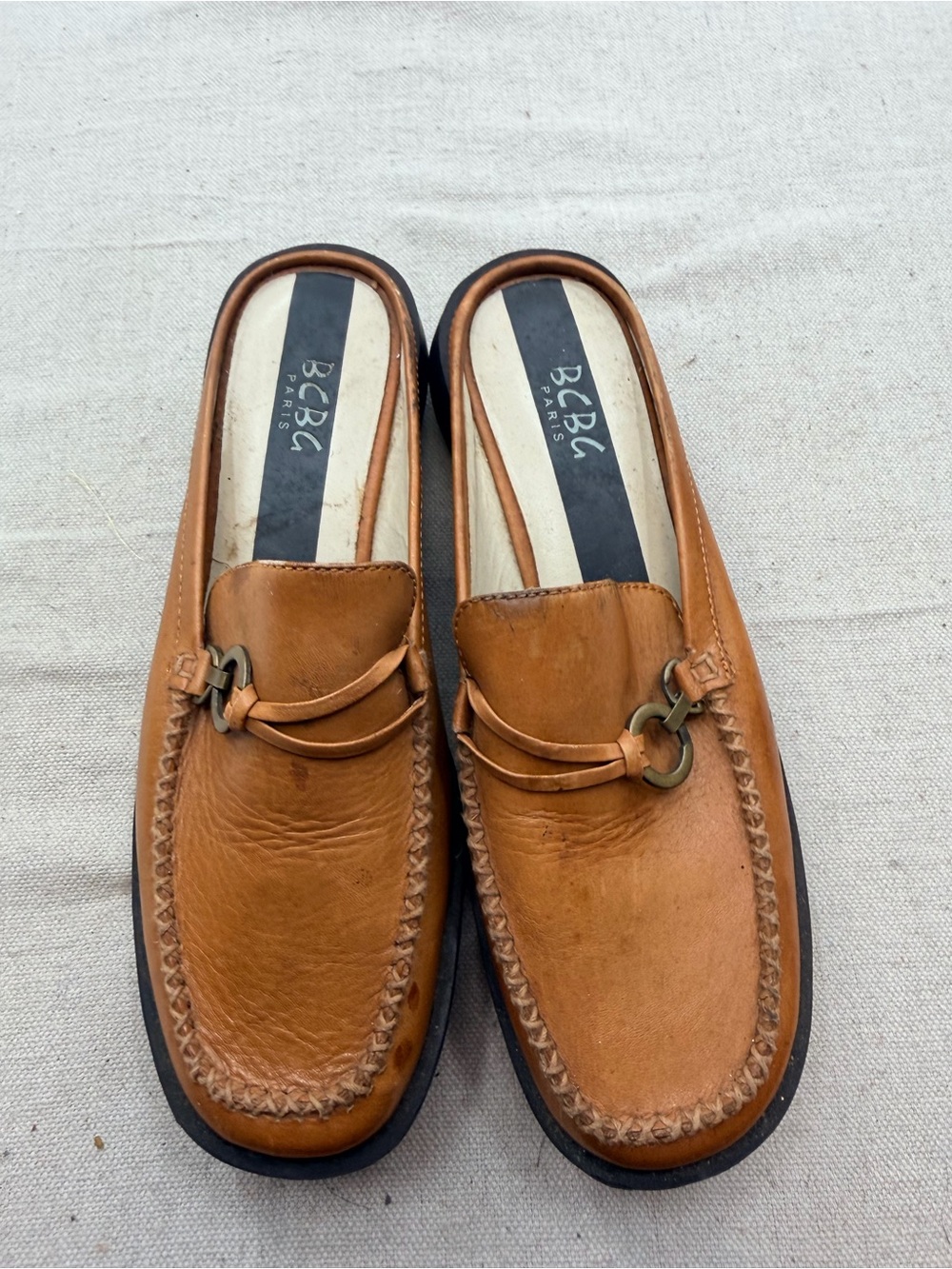 BCBG Paris Brown Leather Slip-On Loafers with Metal Bit